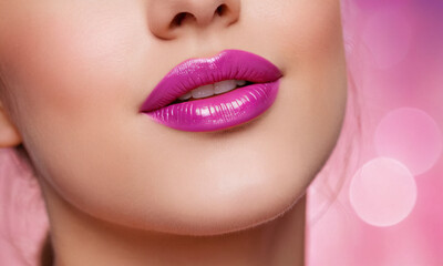Fototapeta premium A captivating close-up of a woman’s lips, painted with a vibrant shade of pink lipstick. The image exudes femininity and elegance, capturing the allure of beauty and makeup.