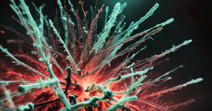Abstract Bacteria - 3d rendered hologram style microbiology image. Medical research, health-care concept. SEM (TEM) scanning view. Lactobacillus Bulgaricus, Staphylococcus, MRSA, Salmonella, Cholera.