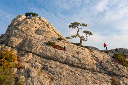 View of a person on the rocks along the coast, Autonomous Republic of Crimea, Ukraine.