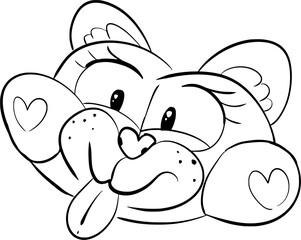 Hand drawn vector art of a stuffed toy cat head with smile and stick out tongue, cute, in cartoon style, doodle, black and white 