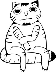 Hand drawn vector art of funny cat with surprised and scared face, eyes are wide open with large pupils, black and whit, doodle, cartoon style