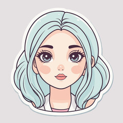 Illustration of a young woman with pastel blue hair and large expressive eyes, featuring a cute and stylized anime-inspired design.