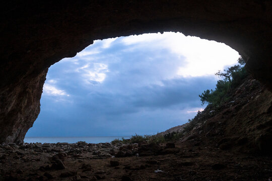 View of Cave, Strand unter der Alten Villa, Limenaria Village, Thasos Island, Greece.