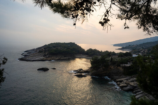 View of Sea and Alyki and Ruins Beach at Sunset, Thasos Island, Greece.