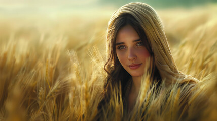 Portrait of a young woman in a wheat field, evoking the biblical character Ruth.