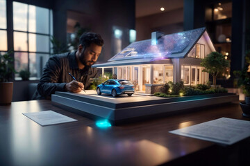 Agent prepairing or signing documents on property by 3 d model of a house in real estate agency on the table. Architectural model of smart home in the office of architect. Mortgage, property sail.