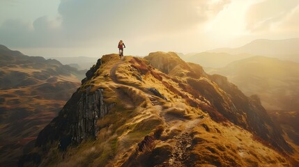 Lone adventurer on a majestic mountain ridge at sunrise, embracing the wilderness