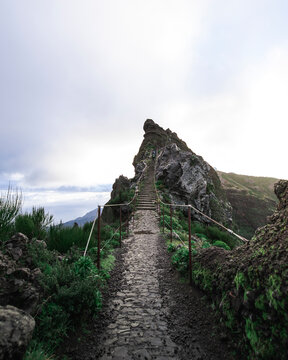 View of PR1 hike, stairway to heaven pathway, near Pico de Areeiro, Madeira Island, Portugal