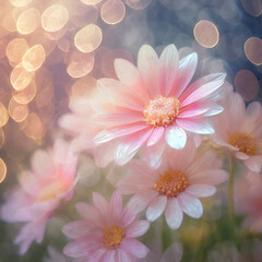 chrysanthemum daisy type flowers in soft pink and peach pastel colors with warm bokeh background
