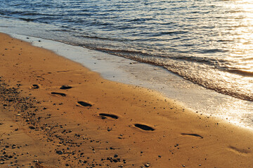 Human footprints in the sand. Shore of the Red Sea. Place for text.