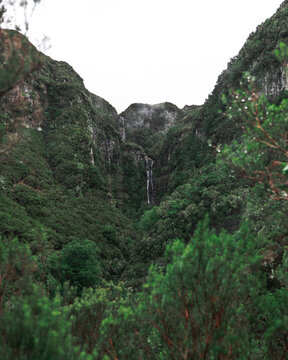 View of Risco Waterfall at the Lagoa das 25 Fontes trail PR6, Madeira island, Portugal