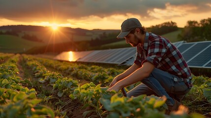 Fototapeta premium Save Energy. farmer working on green plant in field with solar panels in background, alternative energy, green energy, renewable energy, electricity, eco power technology, solar power concept