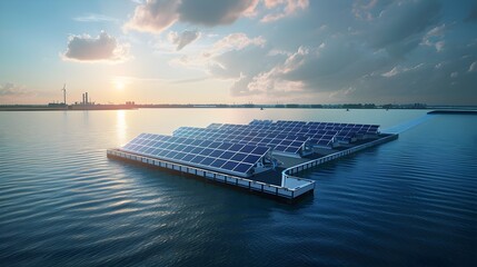 floating solar power plant. many solar panel installation on dam river with sunrise at industrial plant, renewable energy, save energy, eco power technology, solar power concept