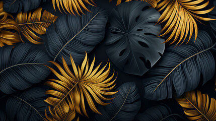 Black and golden tropical leaves on dark background