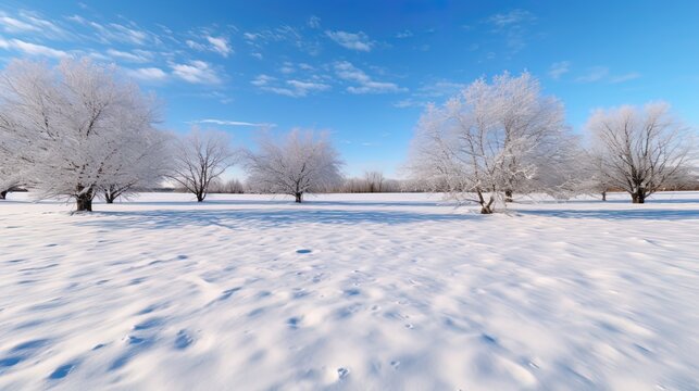 photo of snowy field with trees behind some snow, in the style of realistic scenes, flat backgroun
