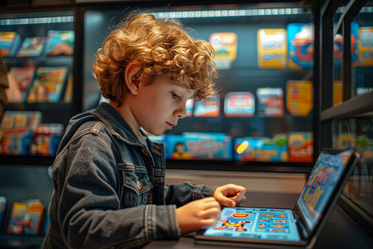 An interactive e-learning platform gamifying the learning experience. A young boy is enjoying a game on a tablet in a store