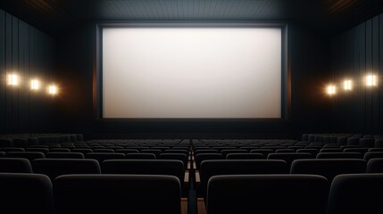 Empty of cinema in with white blank screen, super realistic, ultra detailed, ultra high resolution