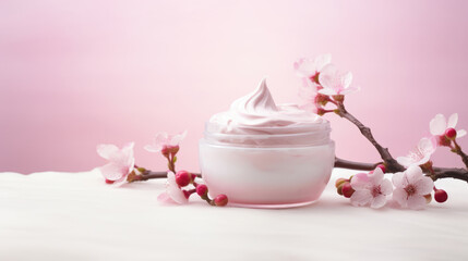 Obraz na płótnie Canvas Jar of cream and blossoming branch. Cream with extract of Pink tree