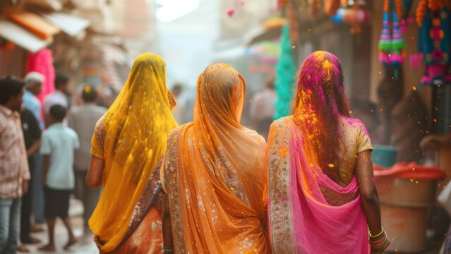 Indian women in national sari dress walk down the street in India. throwing paint on the holiday. festival of colors Holi.
