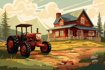 Сountryside scene. Cartoon tractor standing near village house, idyllic rural landscape with farm, agriculture and nature concept. Flat illustration