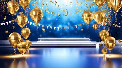 3d golden balloons with party Confetti decoration blue background  
