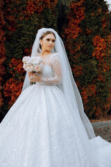 Fototapeta premium Portrait. A brunette bride in a dress and a veil, with a chic crown, poses with a bouquet. Silver jewelry. Beautiful makeup and hair. Autumn wedding. celebration