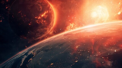 Dramatic fantastic background - exploding red planet approaching planet Earth, end of world, red...
