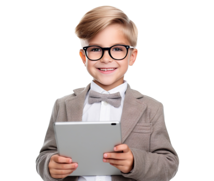 Happy smart young boy holding a tablet, cut out
