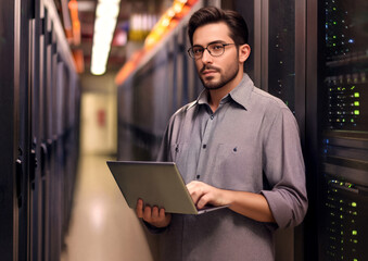 Fototapeta premium A data center chief in a server room looking at a laptop computer. Ai generated.