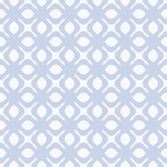 Vector geometric seamless pattern with curved shapes, floral grid, mesh, net, lattice. Simple soft blue and white ornament texture with flower silhouettes, leaves. Minimal abstract repeated background