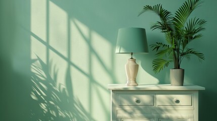 white cupboard adorned with a lively green plant and a stylish mint-colored lampshade