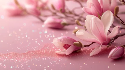 Zelfklevend Fotobehang pink, magnolia flower branch, flowers with glitter, on a pink background, magnolia blossom in springtime © M