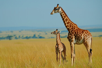 Naklejka premium A giraffe with her cub, mother love and care in wildlife scene