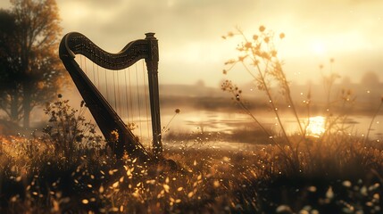 A Celtic harp, its strings plucked by invisible hands, filling the air with haunting melodies