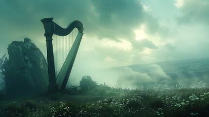 A Celtic harp, its strings plucked by invisible hands, filling the air with haunting melodies