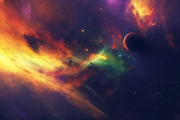 Tuinposter Surreal representation of a cosmic nebula, with vivid colors swirling around abstract planetary bodies and starlight. 8k © Muhammad