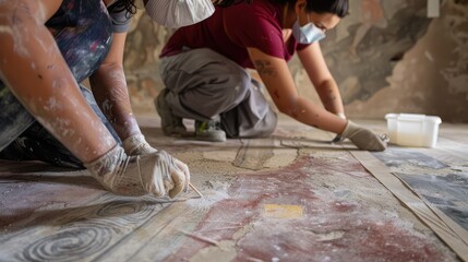 Restoration Experts at Work Preserving Ancient Frescoes in a Historic Site