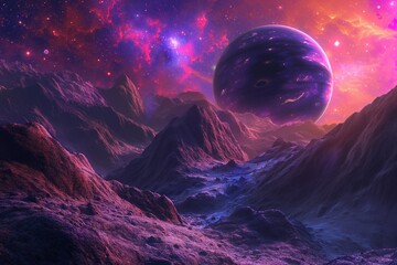A surreal, multicolored cosmic landscape featuring far-off planets and sparkling stars. 