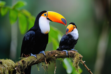 Obraz premium A Toucan with her cub, mother love and care in wildlife scene