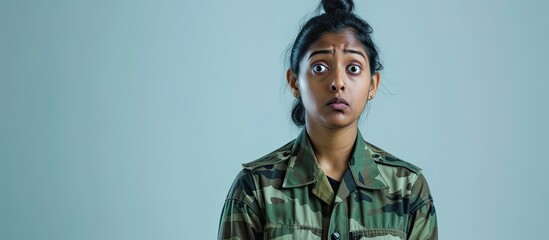 A South Asian woman dressed in a military uniform is making a skeptical and sarcastic face, displaying surprise and disbelief. - obrazy, fototapety, plakaty