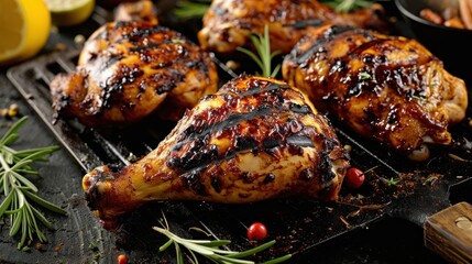 Grilled chicken legs barbecue with herbs and spices. - obrazy, fototapety, plakaty