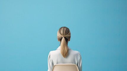 Fototapeta premium Back view of a woman sitting on chair on blue background