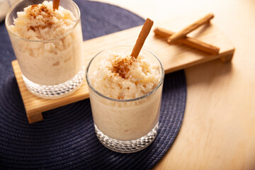 Rice pudding. Sweet dish made by cooking rice in milk and sugar, some recipes include cinnamon, vanilla or other ingredients, it is a very easy recipe to make and very popular all over the world.