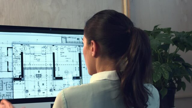 Computer, architect or woman with blueprint for planning a construction or maintenance project. Designer, digital floor plan or civil engineering on screen for architecture online, research or design