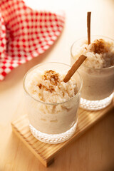 Rice pudding. Sweet dish made by cooking rice in milk and sugar, some recipes include cinnamon, vanilla or other ingredients, it is a very easy recipe to make and very popular all over the world.