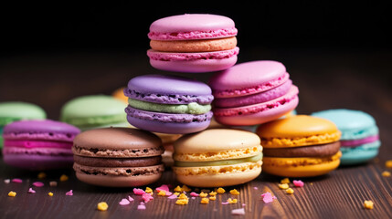 Traditional colorful french macarons are sweet meringue-based confection