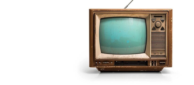 An old television set from the side, featuring a green screen, placed against a plain white background. The television has a retro design typical of CRT models.