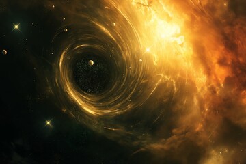 A depiction of a time travel gateway, a swirling vortex located at the center of a galaxy, with stars and planets swirling around it. 8k - obrazy, fototapety, plakaty