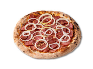 Calabrese sausage and onion style pizza isolated over white background