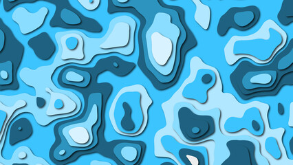 Blue topographic linear background for design, liquid abstract background, blue paper cut background.